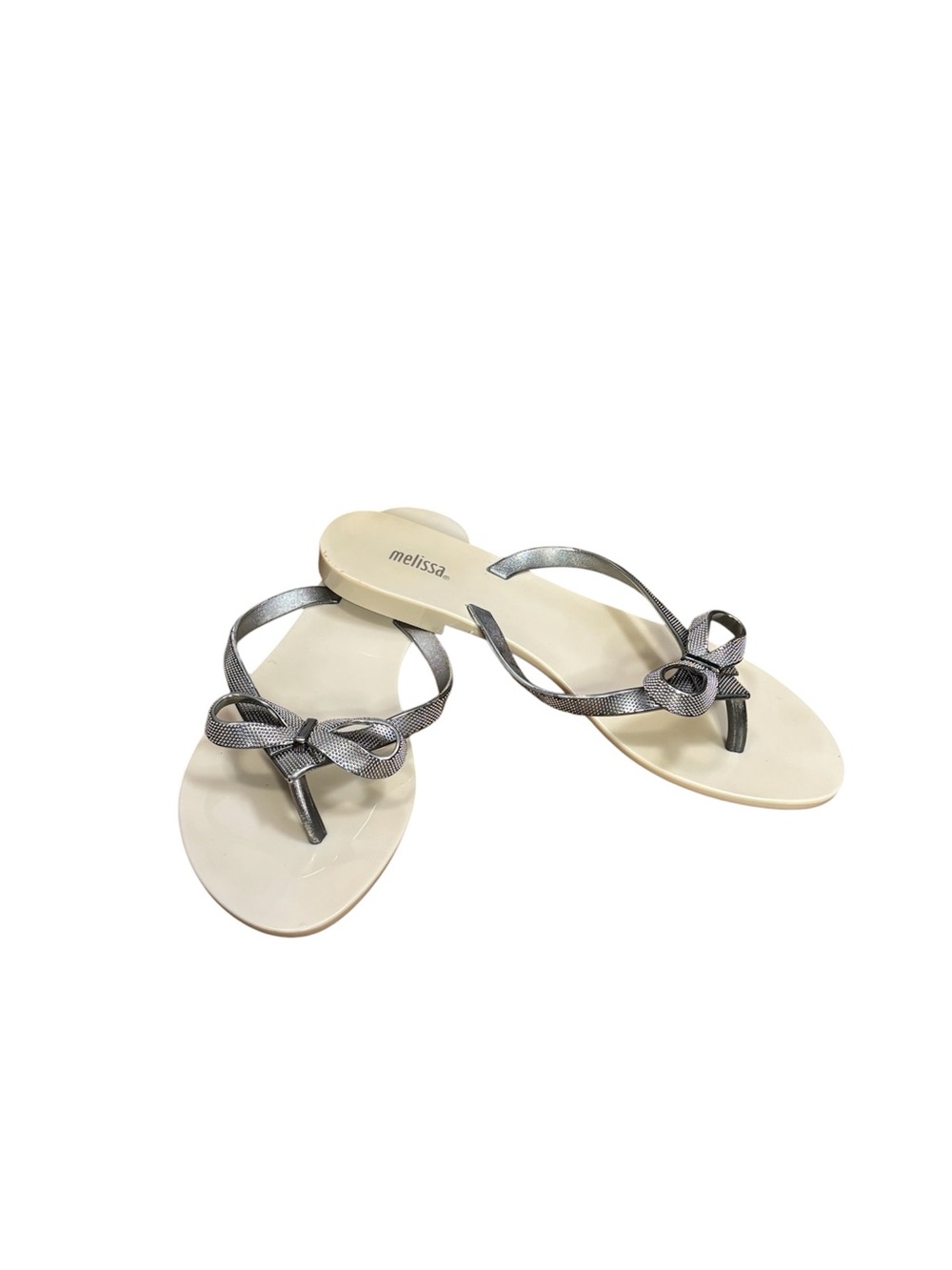 MELISSA Harmonic Chrome flip flop sandals in  Beige and Silver. Women’s 8